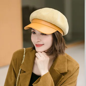 Nauja Rudens žiemos moterų vilnonių odos kratinys skydelis bžūp retro Britų stiliaus atitikimo mados šiltas gegužinė aštuoniakampis beretė skrybėlę