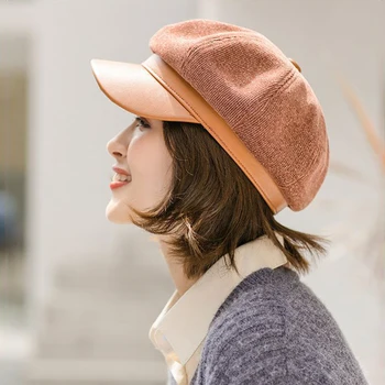 Nauja Rudens žiemos moterų vilnonių odos kratinys skydelis bžūp retro Britų stiliaus atitikimo mados šiltas gegužinė aštuoniakampis beretė skrybėlę