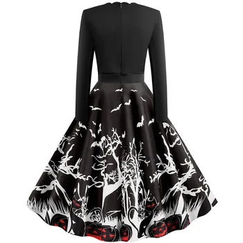 Moteris Rudens-Žiemos Helovinas Dress Plius Dydis Atsitiktinis Black Print Long Sleeve Elegantiška Vintage Šalis Suknelė Vestidos Skraiste Femme