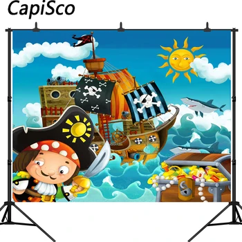 Capisco Piratų Laivas Tema Scenos Lobių saulė, jūra foto fonas Kompiuterį, spausdinami vaikų vaikai fotografijos studijoje fone