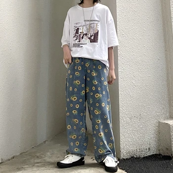 Laisvas Kelnes Gėlių Modelio Džinsai Harajuku Naujų 2020 M. Moteris Prarasti Džinsinio Džinsus Saulėgrąžų Spausdinti Jeans Blue Pločio Kojų Kelnės Moterims