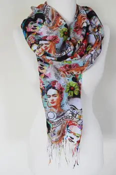 Frida Kahlo Raštuota Skara Tasseled Šalikas Aukštos Kokybės Naudinga 76cm * 200cm Dydis Fasion Pareo Bikini maudymosi Kostiumėliai, Individualizuotos Dizainas