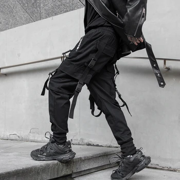 Streetwear Juodos Haremo Jogger Kelnės Vyrams Hip-Hop Kišenės Juostelės Sweatpants Mens Kelnės Atsitiktinis Slim Krovinių Pants Vyras