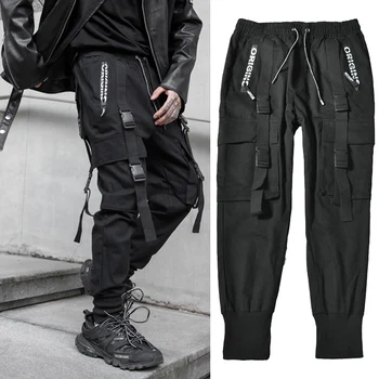 Streetwear Juodos Haremo Jogger Kelnės Vyrams Hip-Hop Kišenės Juostelės Sweatpants Mens Kelnės Atsitiktinis Slim Krovinių Pants Vyras