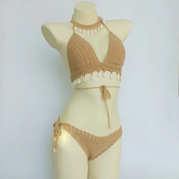 3pcs Bikini Komplektas Moteris Nėrimo Shell Kutas Bikini Viršų Ir Seashell Kulkšnies Grandinės Sexy Thong Hollow-out Mažas Juosmens Bikini Bottom