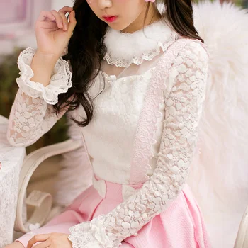 Princesė saldus lolita balti marškiniai Saldainių lietus ilgomis rankovėmis palaidinė Nėriniai siuvinėjimo Kailio apykakle Nagų granulių lankas apdailos C16CD6157