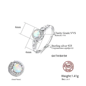 CZCITY Mados 925 Sterlingas Sidabro 4mm Apvalus Ugnies Opalas Birthstone Žiedai Moterims Spalvinga Originalus Perlas Vestuvių Žiedai, Papuošalai