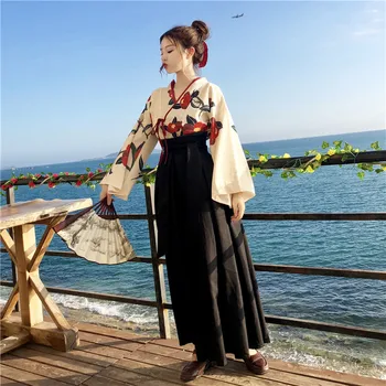 Japonijos Derliaus Gėlių Kimono Moterų Nėriniai ilgomis Rankovėmis Marškinėliai korėjos Spausdinti Gėlių Boho Paplūdimio Palaidinės Mergina Hanfu Cardigan