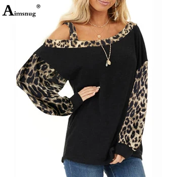 Plius Dydis 3xl Elegantiškas Ponios T-shirt Laisvalaikio Atsitiktinis Moterų Top Rudens Naujų Kratinys Leopard Nerijos Apykaklės Marškinėliai, Puloveriai