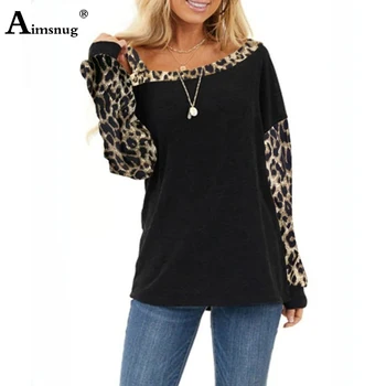 Plius Dydis 3xl Elegantiškas Ponios T-shirt Laisvalaikio Atsitiktinis Moterų Top Rudens Naujų Kratinys Leopard Nerijos Apykaklės Marškinėliai, Puloveriai