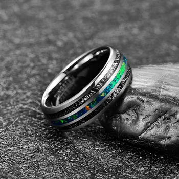 BONLAVIE 8mm Sidabro Spalvos Akmens Vyrų Žiedas Inkrustacijos Juoda Meteoritas Green Opal Vestuvių Juostoje Vestuvinis Žiedas Volframo Karbido Žiedas