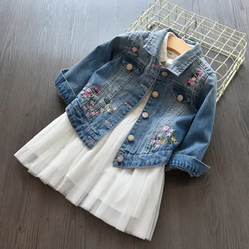 Nauja mergina, kailis korėjos siuvinėjimo gėlių atvartas džinsinis paltas vaikų drabužiai baby girl žiemos striukė