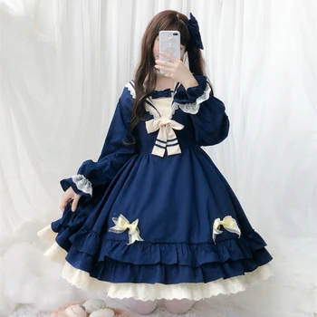 Japonijos kolegijos stilius saldus lolita dress senovinių nėrinių bowknot aukšto juosmens viktorijos suknelė kawaii girl gothic lolita op loli cos