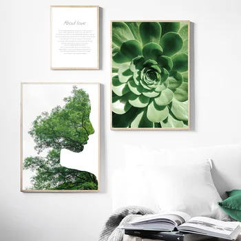 Abstraktus Mergina Žalią Medį Succulents Augalų Sienos Meno Tapybos Drobės Šiaurės Plakatai Ir Spausdina Sienos Nuotraukas Gyvenimo Kambario Dekoro