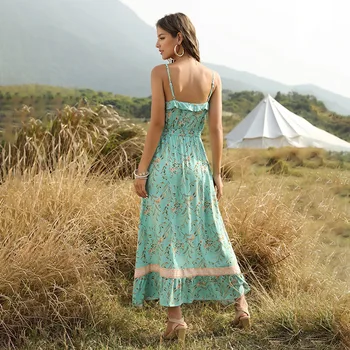 Bohemijos spausdinti vasaros suknelė 2020 stebėjimo pynimas sexy v kaklo boho suknelės mergaičių atostogų aukšto juosmens maxi suknelė vestidos
