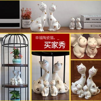 Šiaurės mielas keramikos pasisekė kačių šeimos meilės, namų dekoro amatų kambarį apdailos objektus Šypsosi katė statula porceliano gyvūnų statulėlės