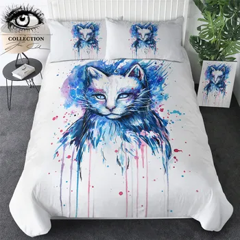 Vietos Pixie Šalto Meno Patalynės Komplektas Akvarelė Antklode Padengti Su Užvalkalai Gyvūnų Cat Eye Lova 3 dalių Mėlyną Patalynę