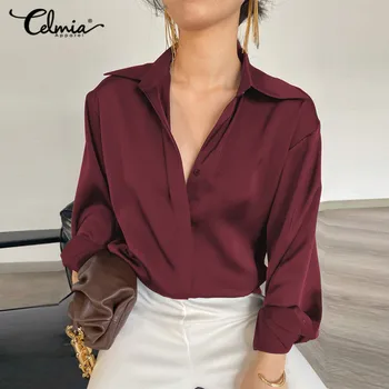 Celmia Mados Satino OLIS Marškinėliai Moterims 2021 M. Pavasarį ilgomis Rankovėmis Palaidinės Elegantiškas Atvartas Mygtukai Office Lady Viršūnes Atsitiktinis Blusas 5XL
