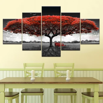 5 skydelis Spausdinti raudonas medis meno dekoracijos kraštovaizdžio modulinės nuotraukos, didelis drobė, tapyba, miegamojo kambarį namo sienos meno dekoro