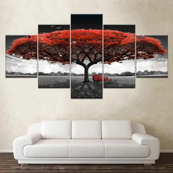 5 skydelis Spausdinti raudonas medis meno dekoracijos kraštovaizdžio modulinės nuotraukos, didelis drobė, tapyba, miegamojo kambarį namo sienos meno dekoro