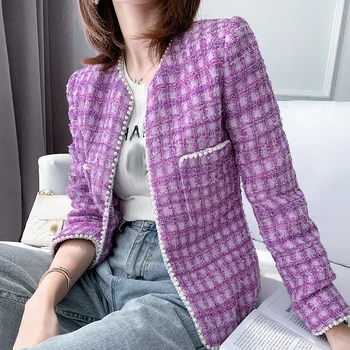 2020 m. Rudens Žiemos moterys dizaineris mados tvido švarkai įžymybė violetinė pledas perlai duobute trumpas paltai y363