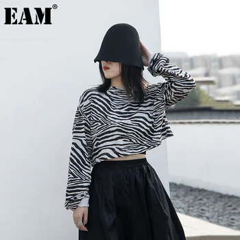 [EAM] Moterys, Juoda Zebra Stripes Temperamentas Trumpi marškinėliai Naujas Apvalios Kaklo, ilgomis Rankovėmis Mados Banga Pavasario Rudens 2021 1DB664