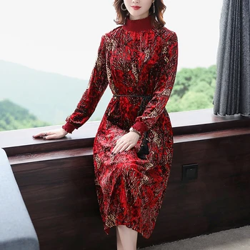 Rudens, Žiemos, Derliaus Aukso Aksomo Midi Suknelė 2021 Korėja Atsitiktinis Raudona 3XL Plius Dydis Ilga Suknelė Moterims, Elegantiškas Bodycon Šalies Vestido