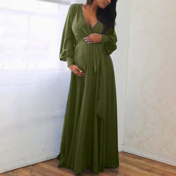 Moteris Nėščia Rudens Suknelės Motinystės V-Kaklo, ilgomis Rankovėmis Kietas Raukiniai Frenulum Seksualus Šalis Suknelė 4 spalvos