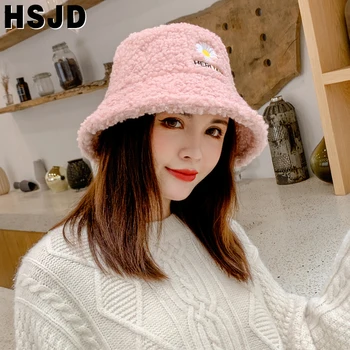 Korėjos Daisy Siuvinėjimo Dirbtiniais Kailiais Kibirą Skrybėlės Žiemos Moterų Skrybėlę Tirštėti Šiltas Moterų Kašmyras Žvejys Skrybėlę Panama Kepurė Mados