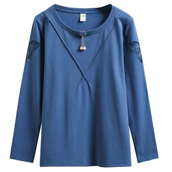Naujos Puošnios Lankas Apykaklės, Rankovės Siuvinėjimas, Marškinėliai Moterims Medvilnės Tuščiaviduriai Iš Tee Marškinėliai Femme Long Sleeve T-shirt Lady Viršūnes Plius Dydis