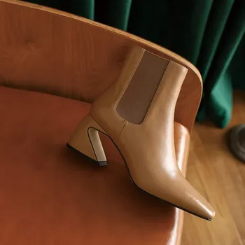 MLJUESE 2021 moterų batai Karvės odos Žiemos trumpas pliušinis Aikštėje Kojų Elastinės juostos aukštakulnius moteris 