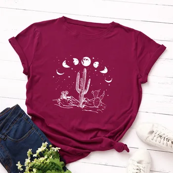 Mėnulio Dykumos Kaktusų T-shirt Moterims, Mados Grafinis Nuotykius Tee Viršuje Estetinės Vasaros trumpomis Rankovėmis Kempingas negabaritinių Marškinėlius
