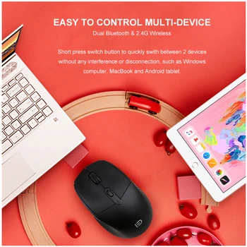 Silent Wireless Mouse 2400 DPI Bluetooth & 2.4 Ghz Prijungtas Ergonomiškas Dizainas, Geriausias Dizaineris Namuose arba Biure