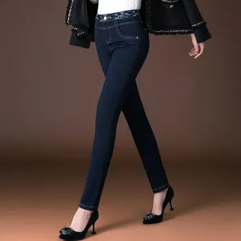 2019 m. rudens ir žiemos naujas ponios mados didelio dydžio aukštos juosmens plius aksomo stora džinsus