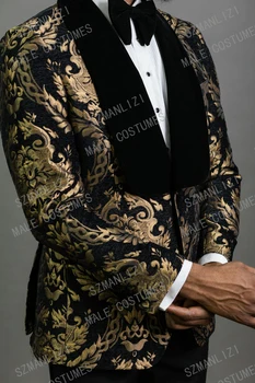 2020 Elegantiškas Prekės Juodojo Aukso Gėlių Vyrų Kostiumai, Kelnės Su Jaunikis Kostiumą Rūkymas Smokingas Striukė Vestuvių Kostiumai Vyrams Geriausias Vyras Švarkas