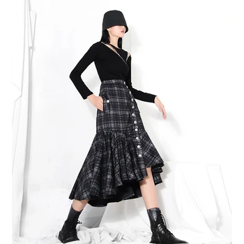 LANMREM juodas pledas aukšto juosmens undinė 2020 m. Rudenį naujų korėjos stiliaus vidurio blauzdos multi mygtuką sijonas moterų mados banga 2A1383