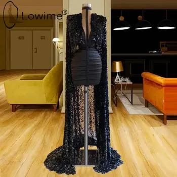 Juodos spalvos Blizgančiais Vakaro Suknelės su ilgomis Wrap Apvalkalą Iliuzija Aukšto Kaklo Vakare Chalatai Saudo Arabija Oficialią Suknelės