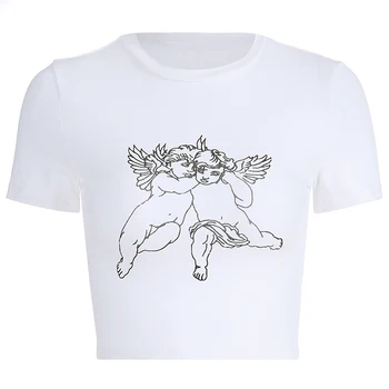 Higareda Angelas Spausdinti trumpomis Rankovėmis Moterims T-shirt Bodycon Trumpas Rankovės Įgulos kaklo Apkarpyti Viršūnes Vasaros 2020 m.