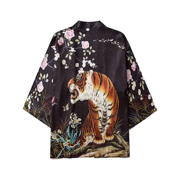 Japonija Stiliaus Anime Tigras Spausdinami Juoda Balta Plona Kimono Vyrų Japonijos Streetwear Negabaritinių Losse Striukės Atsitiktinis Viršutinių Drabužių Siuvimas