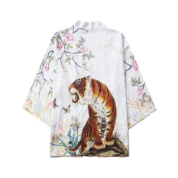 Japonija Stiliaus Anime Tigras Spausdinami Juoda Balta Plona Kimono Vyrų Japonijos Streetwear Negabaritinių Losse Striukės Atsitiktinis Viršutinių Drabužių Siuvimas