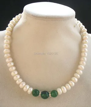 Gėlavandenių perlų balta roundel 8-10mm žalias agates akmens karoliukai karoliai 17inch pobūdžio FPPJ