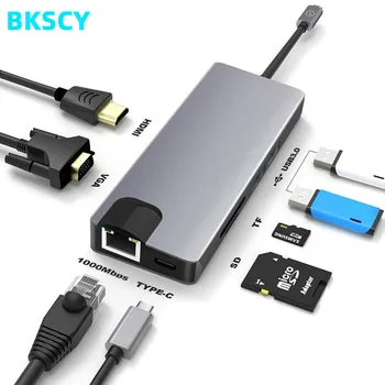 BkscyType C iki 2USB SD Micro SD LAN VGA HDMI USBC Adapteris Hub Pratęsti PD Įkrovimo Dokas 1000 Mbps Rj45 OTG 