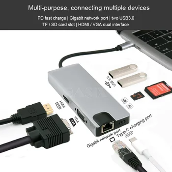 BkscyType C iki 2USB SD Micro SD LAN VGA HDMI USBC Adapteris Hub Pratęsti PD Įkrovimo Dokas 1000 Mbps Rj45 OTG 