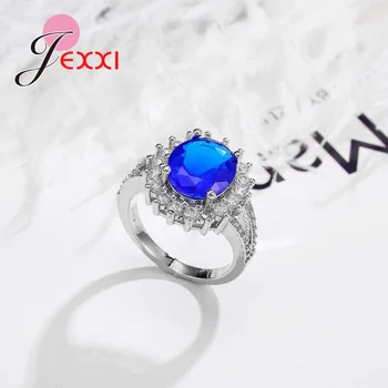 Žavinga Tamsiai Mėlynas Dizainas Apvalus Akmuo Žiedai 925 Sterlingas Sidabro Kubinis Cirkonis Moterims, Moteriška Gana Vestuvių Priedai