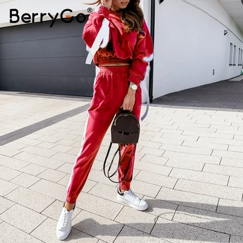 BerryGo Mados Gobtuvu Palaidinukė kostiumą, Laisvalaikio kostiumas Lašas pečių rankovės ilgos rankovės nustatyti Rudens-žiemos moteriškų dviejų dalių komplektas 2020 m.