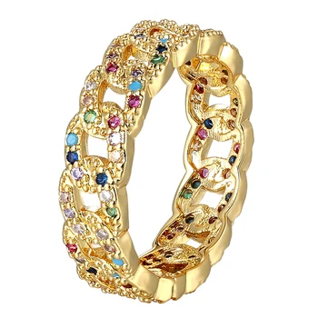 Tuščiaviduriai-iškirpti Dizaino Žavesio Žiedų Vaivorykštė Kubinis Cirkonis Krištolas kalnų krištolas Moterų Aukso Spalvos Sužadėtuvių Žiedas Vestuvių Juostoje Žiedai