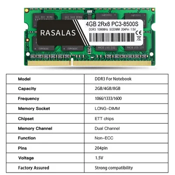 RASALAS 2VNT Atminties RAM DDR3 8G 4G Nešiojamas 10600MHz 12800Mhz SODIMM 204pin 1,5 V Sąsiuvinis Memoria RAM Oперативная Nамять