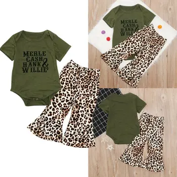 Vaikams Kūdikių Mergaičių Drabužius trumpomis Rankovėmis T-Shirt Viršūnes Romper Leopardas Spausdinti Kelnes 2vnt Rinkiniai