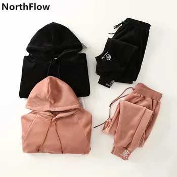 NorthFlow 2020 BTS hoodies Gobtuvu Pliušinis Kietas Siuvinėjimo Harajuku Marškinėlius Moterims Dviejų dalių Komplektas