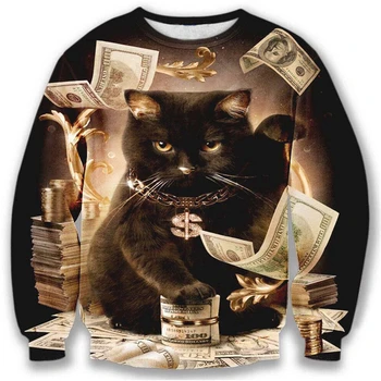 Gražus modelis hoodies vyrų/moterų 3d palaidinukė juokinga spausdinti big dolerių katė ir auksiniai žiedai hoodies rudenį viršūnes Animacinių filmų megztinis